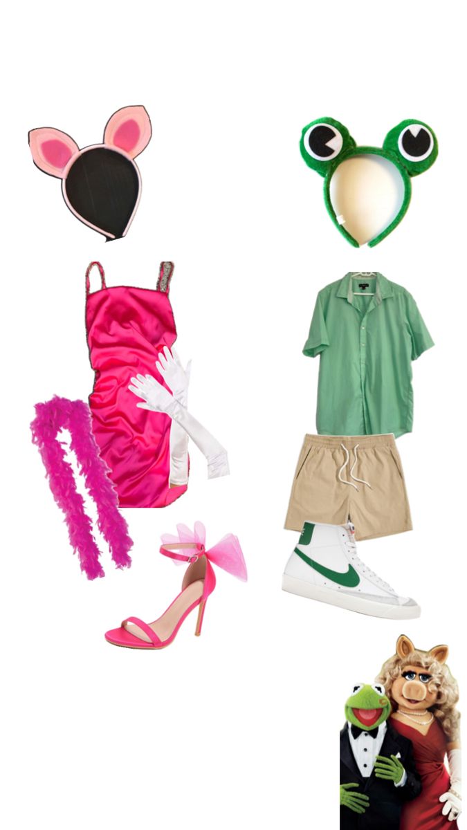 the frog costume and other items are shown in three different pictures, including shoes, headbands, socks, and sunglasses