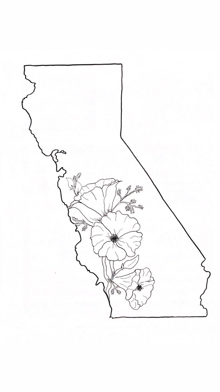 the outline of california with flowers on it in black and white, against a white background