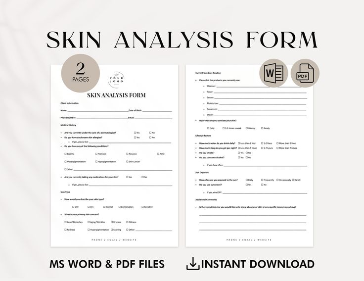 Enhance your client consultations with our Comprehensive Skin Analysis Form Template. Perfect for estheticians, dermatologists, spa and salon professionals, this editable PDF template allows you to thoroughly assess your client's skin type, concerns, and current skincare routine. ⭐FEATURES: ✔ Client Information Section: Capture essential client details, including contact information and medical history. ✔ Medical History Section: Record important medical information, including skin conditions, a Esthetician Forms, Esthetician Marketing, Microsoft Word 2007, Consent Forms, Beauty Clinic, Word 2007, Google Docs, Medical History, Daily Skin Care