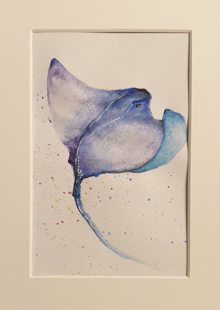 a watercolor painting of a stingfish in blue and purple colors with speckles