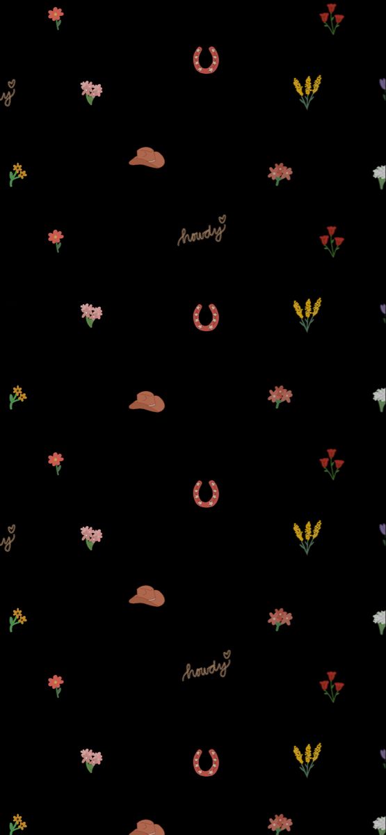 a black background with flowers, clouds and horseshoes on it's side is shown