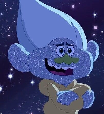 an animated character with blue hair and green eyes, standing in front of the stars