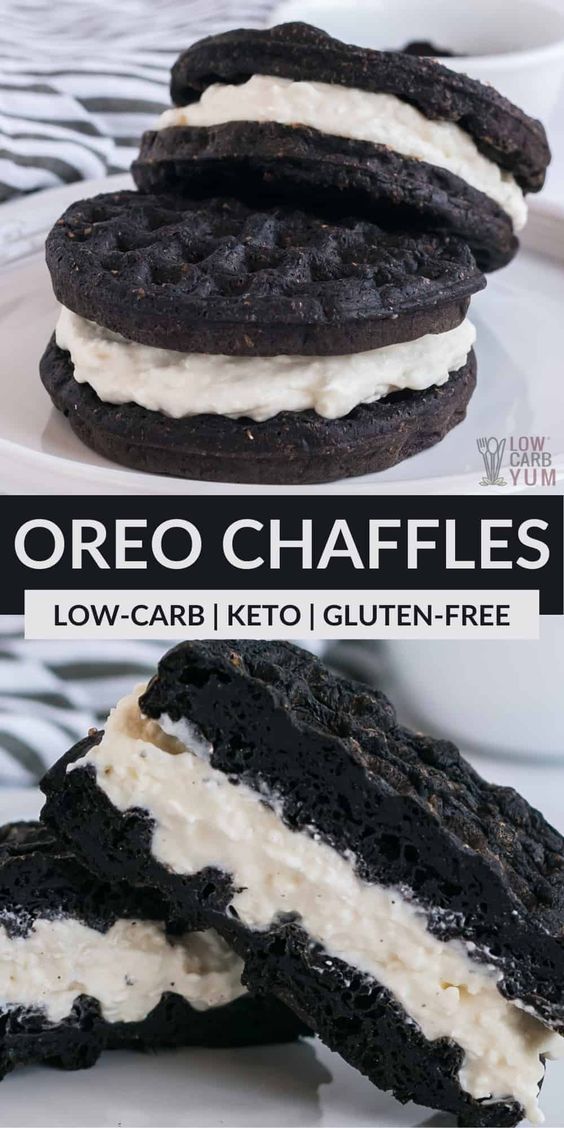 an oreo sandwich with cream filling on top and chocolate cookies in the middle that have been cut into pieces