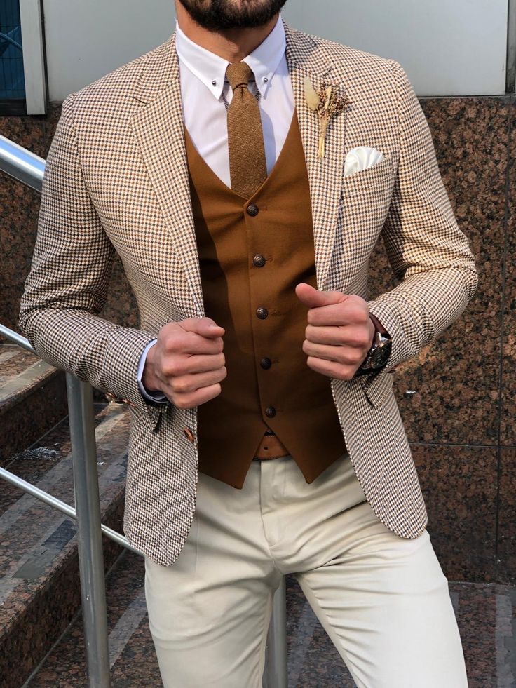 Slim-Fit Plaid Suit Vest Camel-baagr.myshopify.com-suit-BOJONI Sports Jacket Outfit, Costume Beige, Suits Groom, Suit Clothes, Blazer Outfits Men, Suit Outfit, Mens Suit Vest, Summer 19, Designer Suits For Men