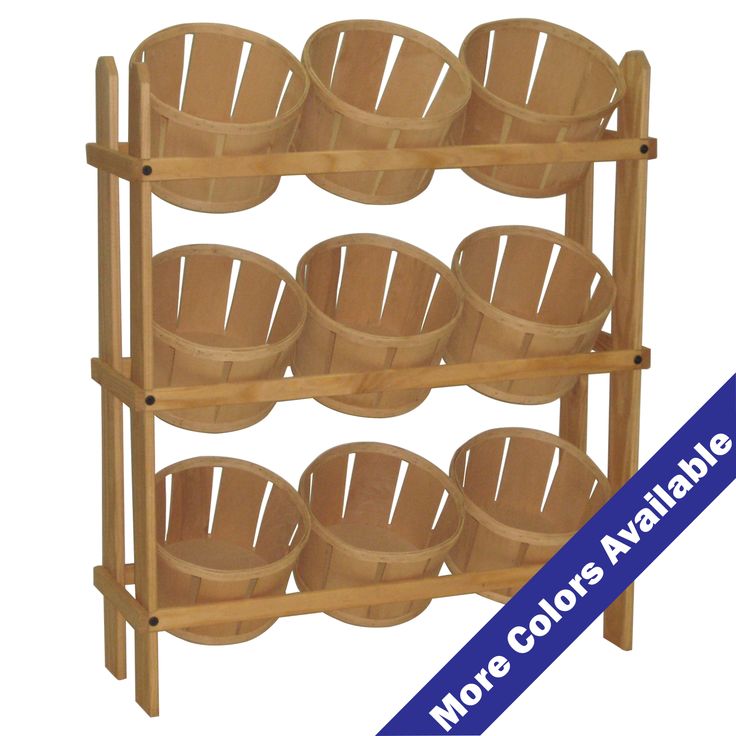 a wooden shelf with several bowls on it and a blue ribbon around the bottom that says more colors available