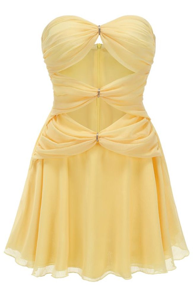 Strapless Ruched A Line Dress Yellow DESIGN: Color: Yellow Strapless design Sleeveless Bustier detail Ruched design Cut-out detail A-line design Concealed zipper at back Gentle Dry Clean Only Length: Mini MATERIAL: Polyester + Cotton High quality durable fabric. Delicate sewing and hemming by durable needle lockstitch machine. YKK zipper (known as the most durable and reliable zippers manufactured today). To maintain the beauty of your garment, please follow the care instructions on the attached Summer Strapless Dress With Sweetheart Neckline And Back Zipper, Sleeveless Ruched Chiffon Mini Dress, Fitted Sleeveless Mini Dress With Ruched Back, Sleeveless Corset Dress With Pleated Bodice, Sleeveless Mini Dress With Ruched Back And Fitted Bodice, Summer Strapless Dress With Ruched Back, Summer Strapless Sleeveless Dress With Ruched Back, Summer Sleeveless Strapless Dress With Ruched Back, Strapless Dress With Fitted Bodice And Back Zipper