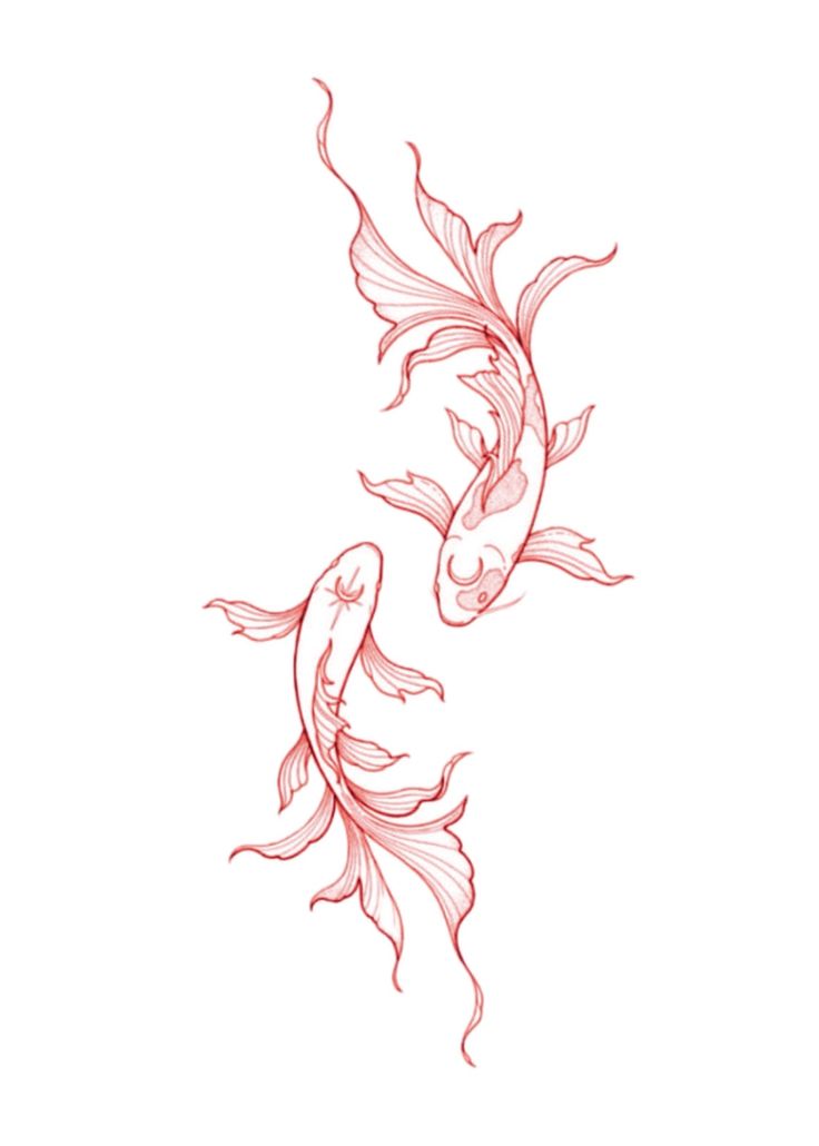 two koi fish swimming side by side in red ink on white paper, one is drawn