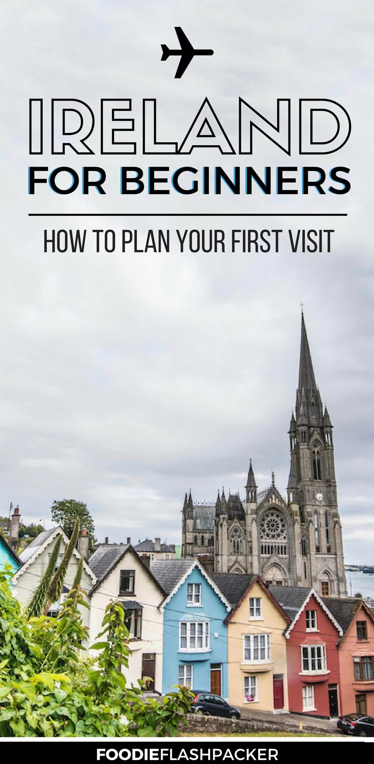 an airplane flying over a city with the words ireland for beginners how to plan your first visit