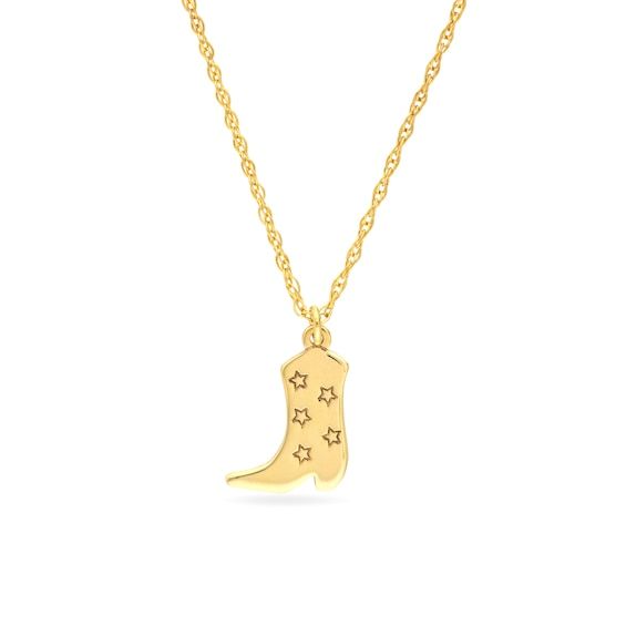 Dress up your two-step attire with this western-themed boot necklace. 14K gold The kickin' boot pendant features embossed stars 16.0- to 18.0-inch adjustable rope chain; spring-ring clasp Retro Western Aesthetic, Cow Boy Boots, Boy Boots, Retro Western, Western Aesthetic, Jewelry Lookbook, Cow Boy, Cowboy Boot, Rope Chain