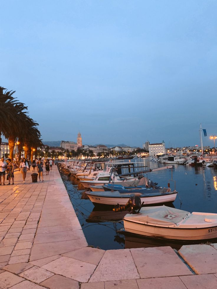 several boats are docked in the water at night near a city street with palm trees