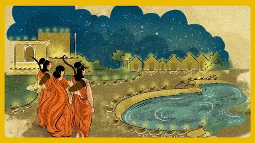 two women in orange dresses are looking at the night sky and stars over a pond