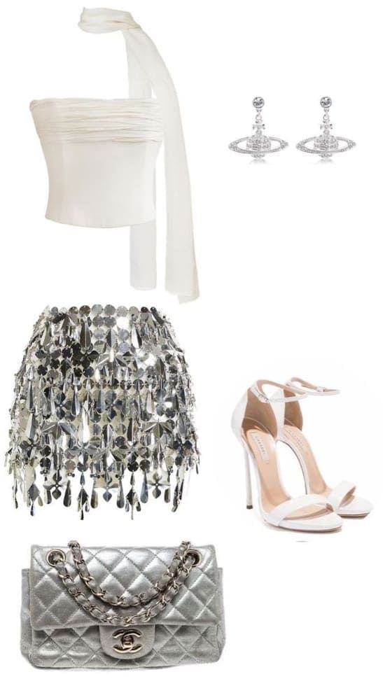 new years eve outfit: silver sequin mini skirt Trophy Wife Fashion, Gold And White Outfit, New Years Eve Outfit Ideas, New Years Eve Outfit, New Year’s Eve Outfit, Handbags Chanel, New Years Outfit, Eve Outfit, Looks Party