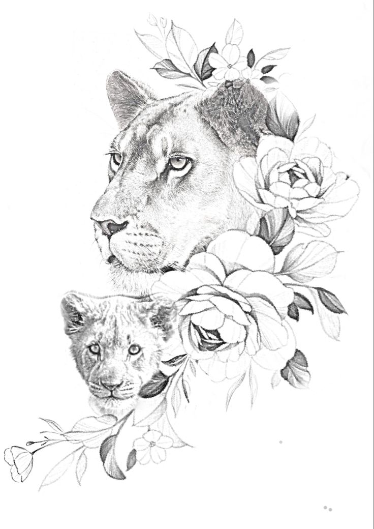 a pencil drawing of a lion and cub with flowers on their head, in front of a white background