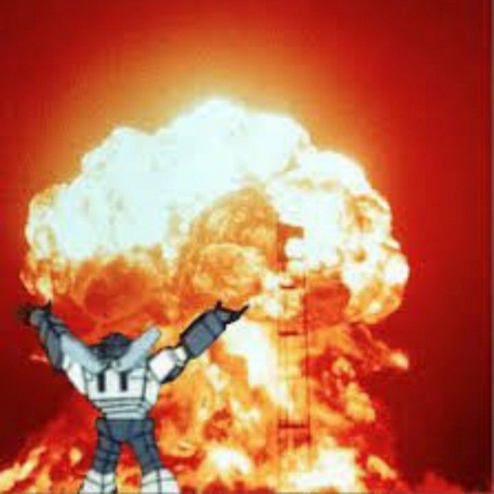 an animated image of a man standing in front of a large explosion with his arms up