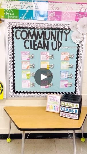 a bulletin board with the words community clean up on it in front of a classroom desk