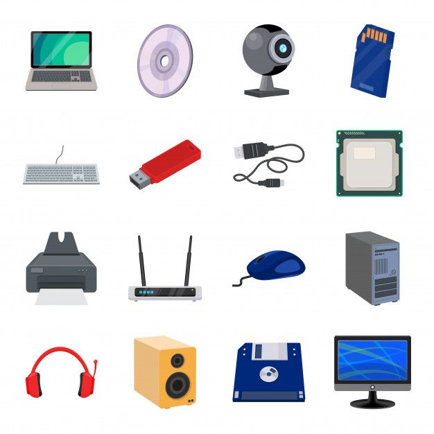 various electronic devices are shown on a white background, including a laptop and other electronics