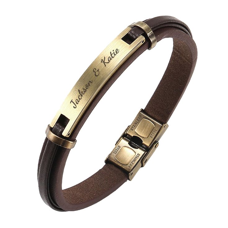 PRICES MAY VARY. Customized in USA. Create your unique personal leather bracelet using your custom text. It is a sentimental gift and perfect for any occasions. Premium stainless steel - durable, never rust, anti-corrosive, never turn skin green, hypoallergenic, and nickel free. 18k Real Antique Gold IP Plated Tone. High quality material with exceptional craftmanship- Top Grain Leather bangle with soft, smooth texture and sturdy built quality. Leather Color: Brown. Center metal plate for text en Personalized Band Bracelet For Gift, Personalized Brown Leather Bracelet For Everyday, Personalized Brown Leather Bracelets, Adjustable Leather Bracelet With Engraving Option For Father's Day, Customizable Adjustable Gold Wristband, Adjustable Brown Wristband For Father's Day, Personalized Leather Bracelets For Gifts, Adjustable Gold Customizable Wristband, Customizable Adjustable Rectangular Bracelets