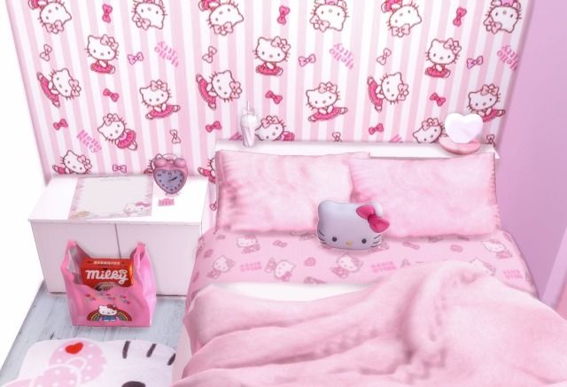 a hello kitty themed bedroom with pink bedding