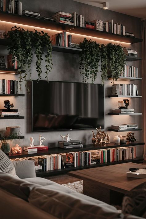 a living room filled with lots of furniture and bookshelves covered in plant life