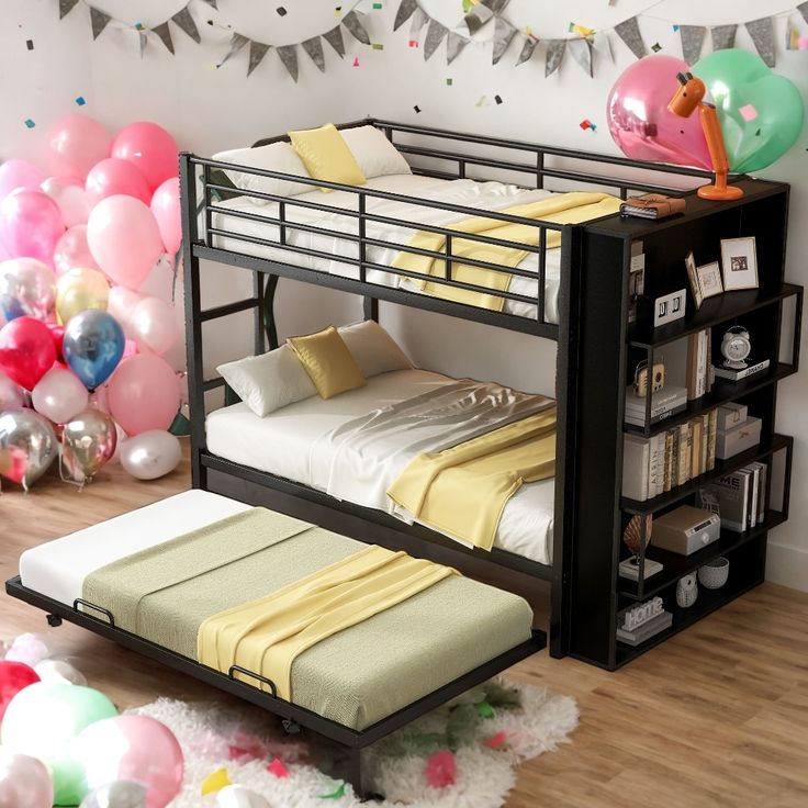 a bunk bed sitting in the middle of a room with balloons and streamers on the wall