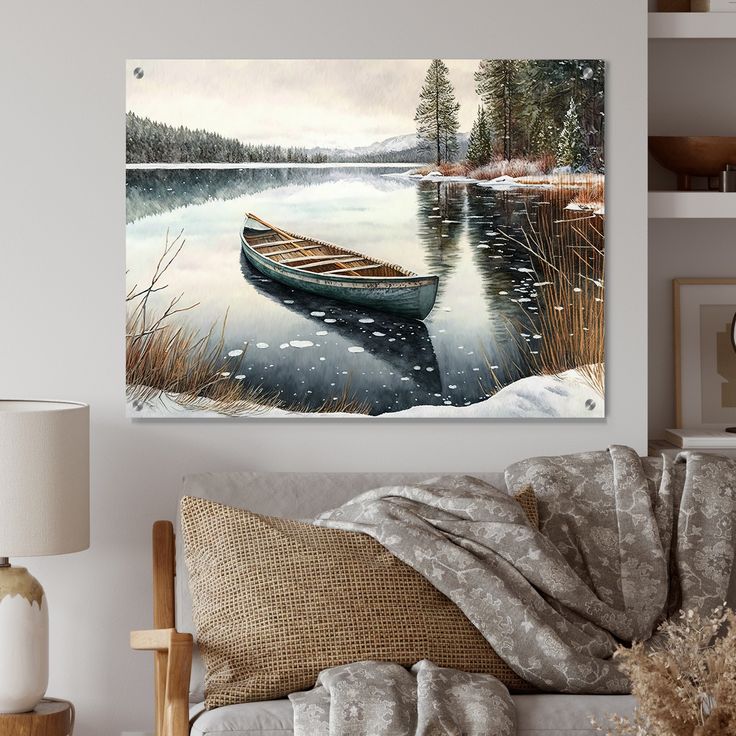 a painting of a boat sitting on top of a lake next to snow covered ground