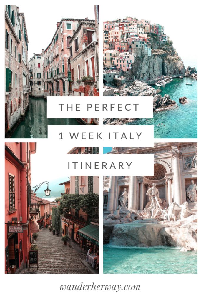 the perfect 1 week italy itinerary with pictures of buildings, water and boats