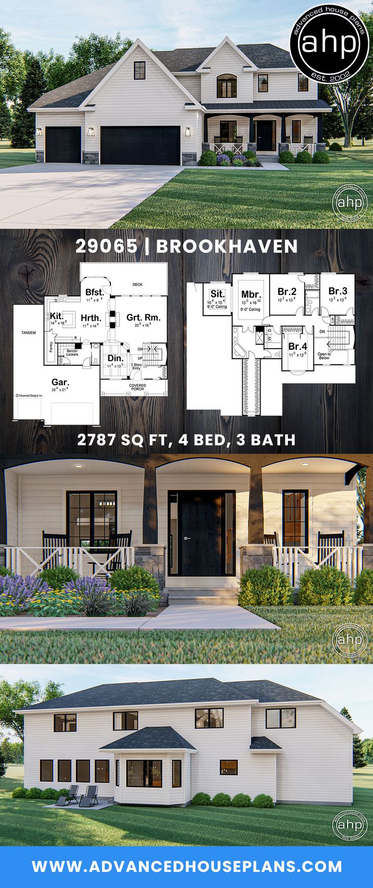 two story house plan with 3 bedroom and 2 bath in the front, an open floor plan