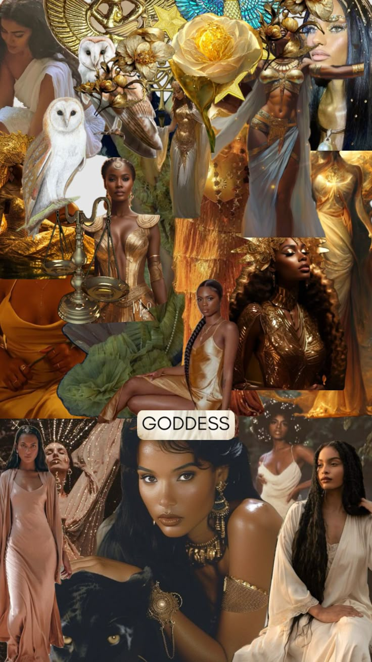 the collage shows different images of women in gold and white