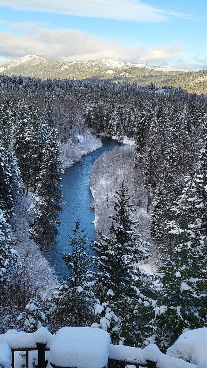 snow covered trees and benches overlook a river in the distance with mountains in the background