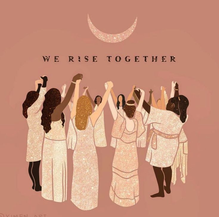 a group of women standing next to each other in front of a moon with the words, we rise together