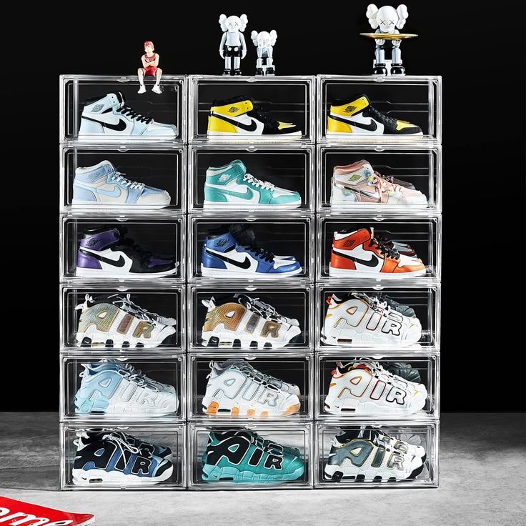 PRICES MAY VARY. 【LARGE SIZE SHOE BOX】The Dimension of these stackable shoe boxes is 14.37"x10.63"x7.87". It fit up to Size 14, big enough for men’s shoes or women’s shoes. 【PREMIUM MATERIAL 】Our sneaker storage box is made of heavy duty material PET and acrylic board which is more sturdy and durable compared to the normal shoe boxes in the market. 【STACKING DESIGN】The clear shoe box can be assembled easily and stacked into a wall stably. To ensure that the built shoe boxes remain stable，there a Clear Sneaker Boxes, Clear Shoe Organizer, Clear Shoe Boxes Storage Ideas, Acrylic Shoe Display, Acrylic Shoe Boxes, Shoe Room Ideas, Sneaker Organization Ideas, Clear Shoe Boxes Storage, Shoes Box Design Ideas