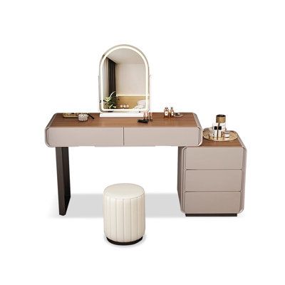 an image of a dressing table with mirror and stool