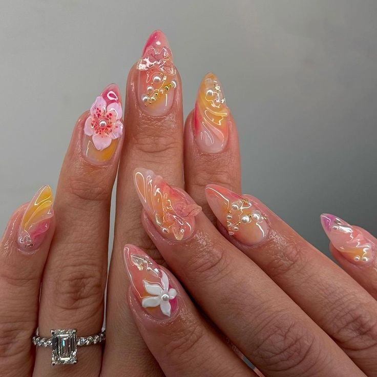 Acrylic Nail Designs Tropical, Gel Nails Tropical, Tropical Nails Aesthetic, Chrome Vacation Nails, Nails For Vacation Beach Tropical, Tropical Gel Nails, Beach Aesthetic Nails, Summer Vacation Nails Beach, Tropic Nails