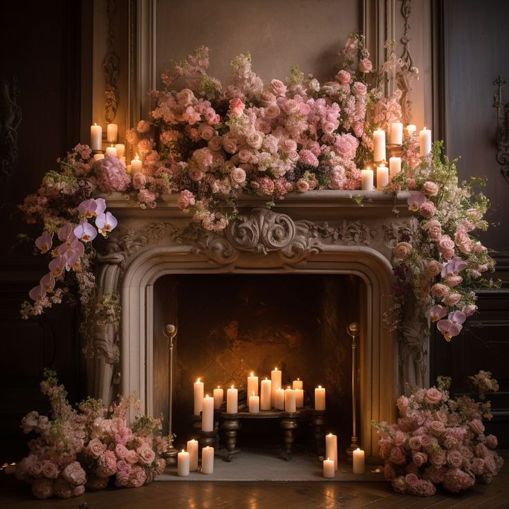 a mantel with flowers and candles in front of a fireplace filled with lit candles