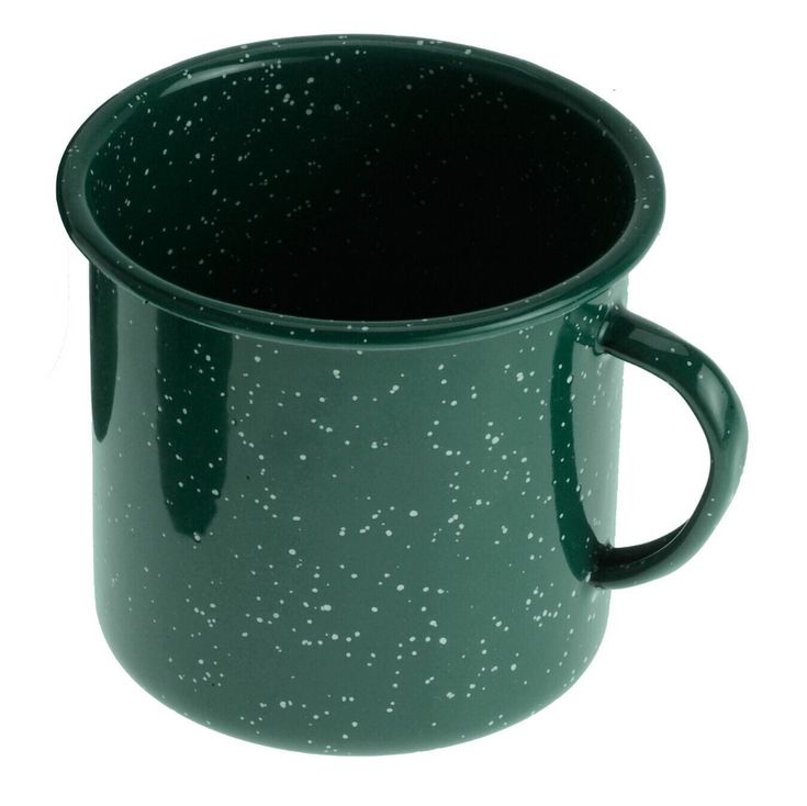 a blue coffee mug with speckles on the outside and inside, sitting in front of a white background