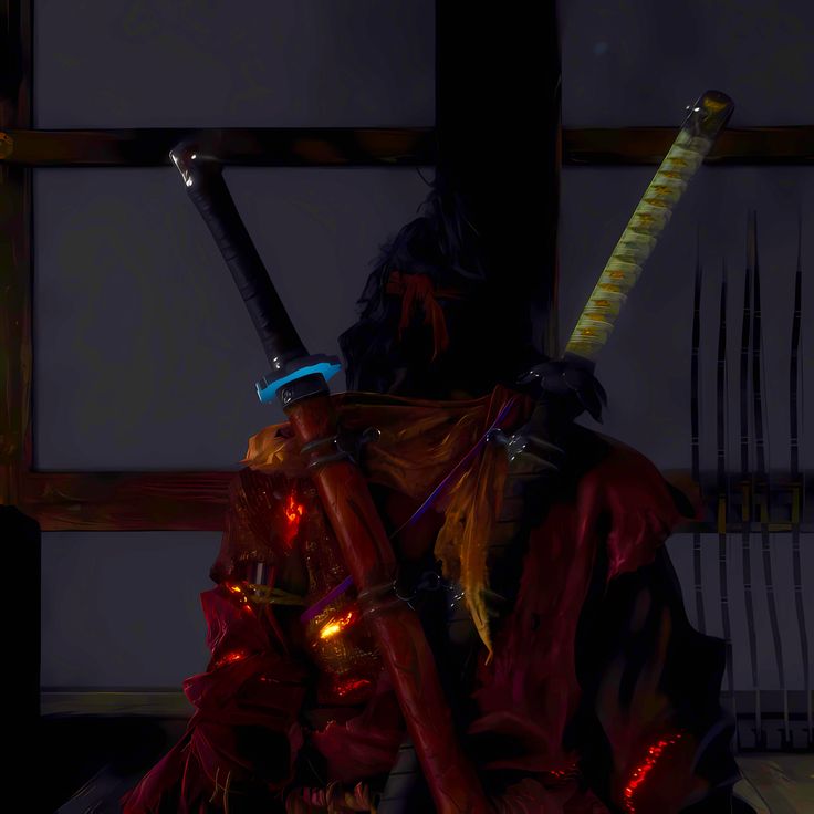 a person holding two swords in their hands and looking at the camera while sitting down