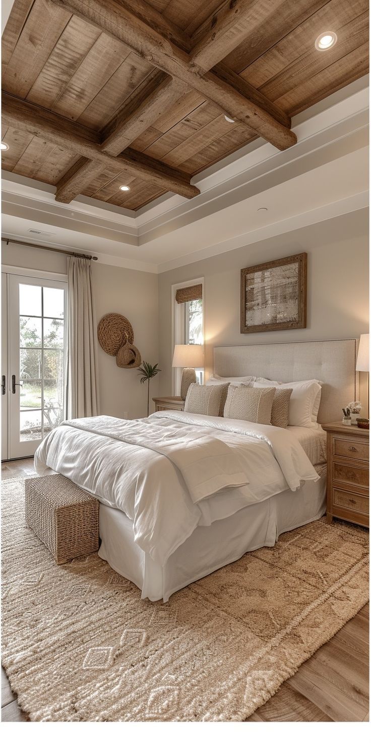 a large bed sitting under a wooden ceiling in a bedroom next to a sliding glass door