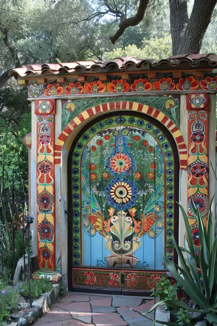 an elaborately designed door in the garden is painted with colorful colors and designs on it's sides