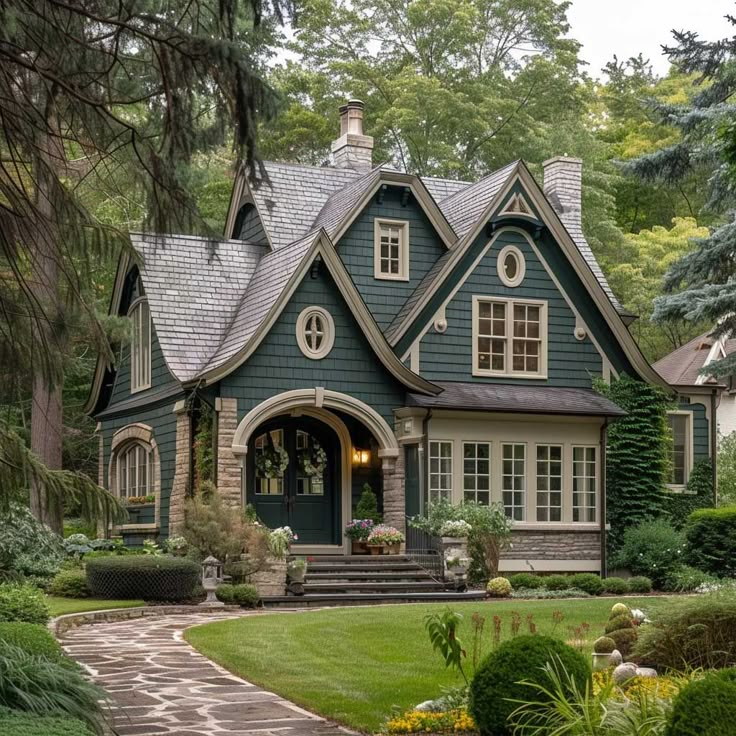 a green house with white trim and windows in the front yard, surrounded by greenery