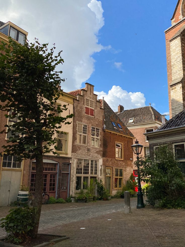 a cobblestone street lined with tall brick buildings and trees in the foreground