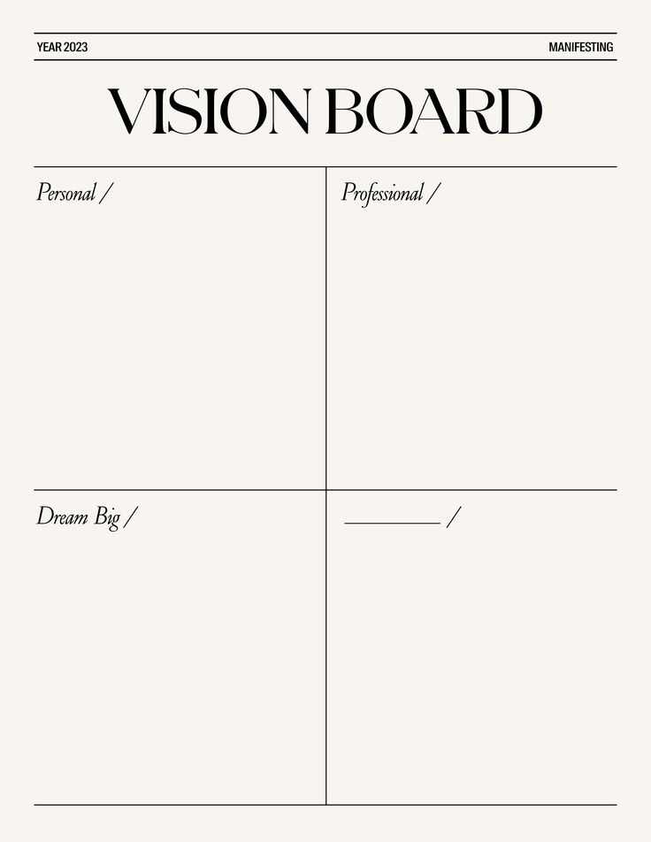 the vision board is shown in black and white, as well as an empty space for writing