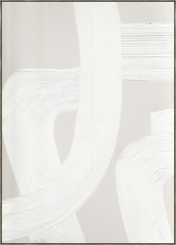 an abstract painting with white paint and lines on the bottom half of it, against a light gray background