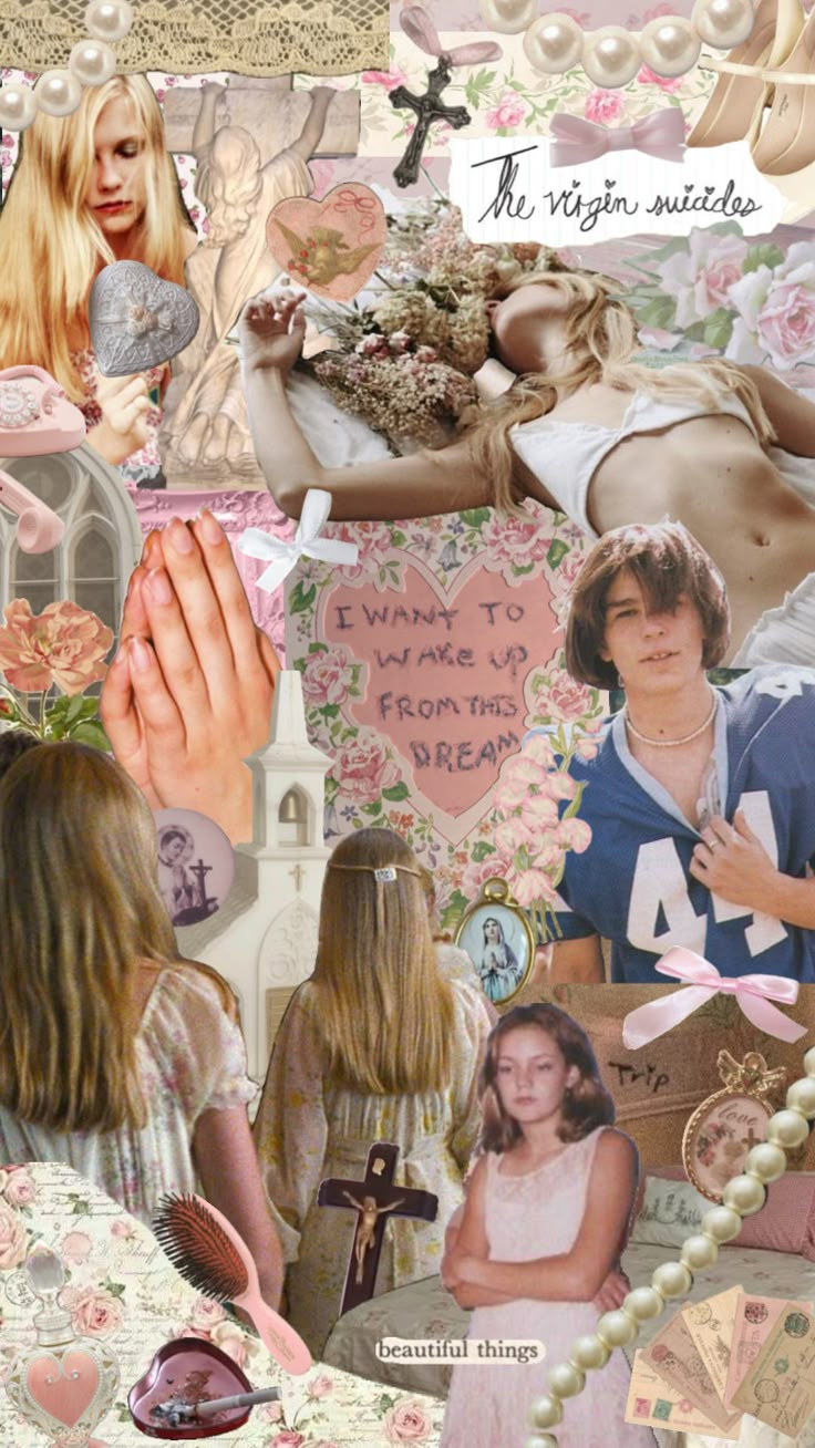 a collage of images with women and flowers on them, including hearts, roses, pearls, letters, and other things