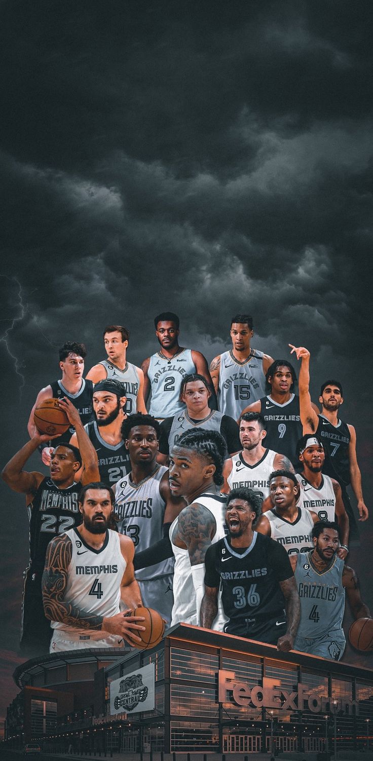 a group of basketball players standing in front of a dark sky with storm clouds behind them