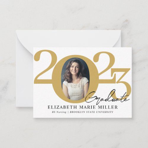 the graduation announcement card is shown in gold and white, with a photo of elizabeth marie miller