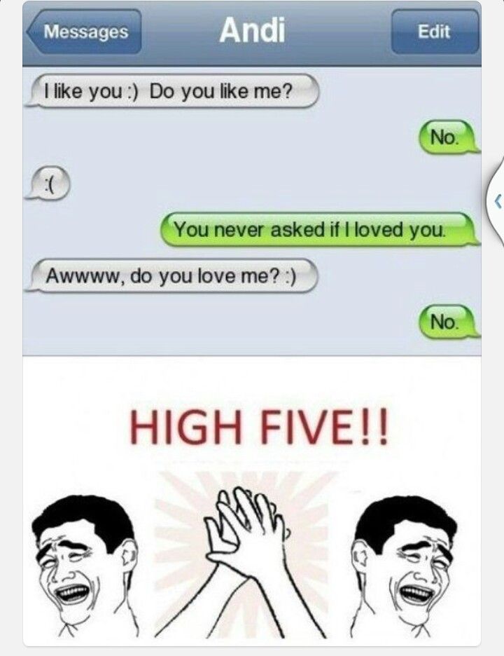 two texts that say, high five and no one is talking to each other on the phone