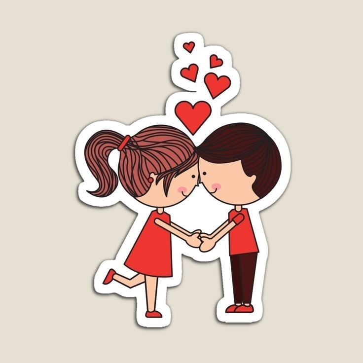 a sticker depicting two people holding hands with hearts above them