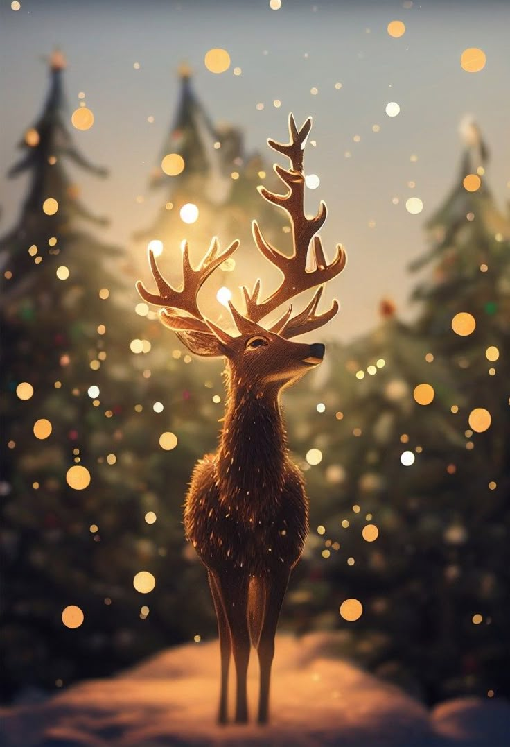 a deer standing in front of a christmas tree with lights on it's antlers