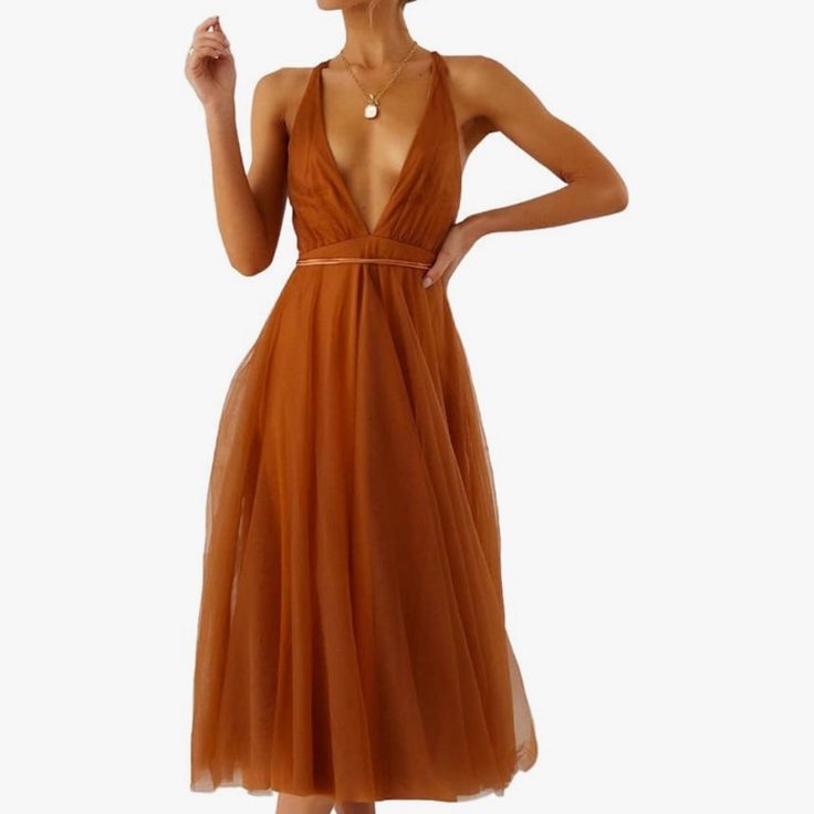 Super Sexy Tool Dress That’s In The Perfect Burnt Orange For Fall! Deep V In The Front And Beautiful Ties In The Back! Love This Dress, But I Don’t Have Any Where To Wear It! Tool Dress, Wear It, Burnt Orange, Deep V, Color Orange, Love This, Colorful Dresses, Midi Dress, Womens Dresses