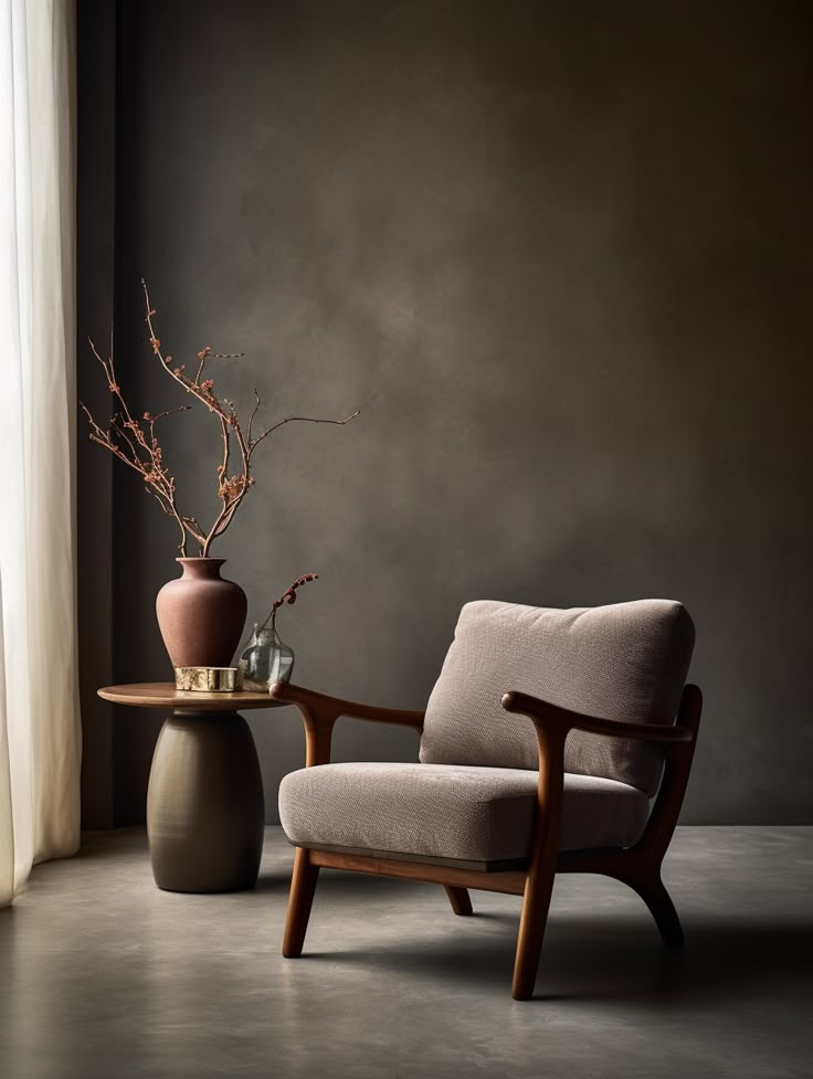 a chair next to a table with a vase on it and a window in the background